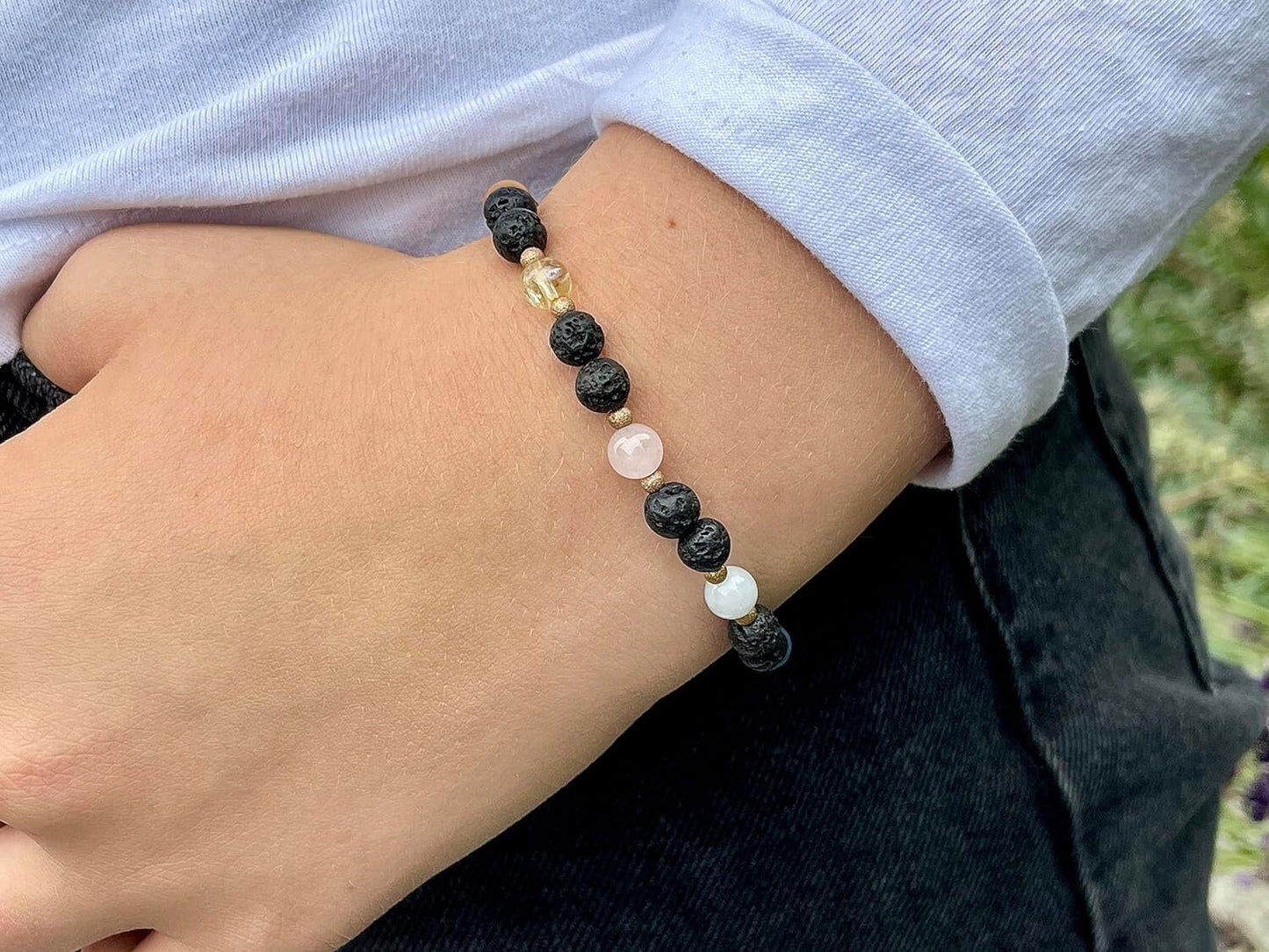 Armband Chakra Diffusor - Amethyst Dumortierit Aquamarin Rosenquarz Citrin Aventurin Jaspis Lava 6mm Edelstahl Roségold Spiritueller Schmuck