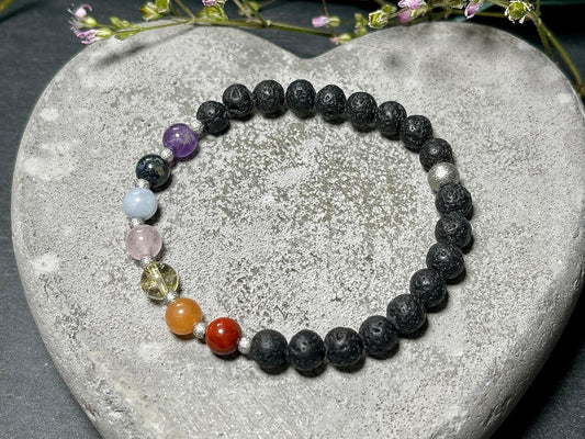Armband Chakra Diffusor - Amethyst Dumortierit Aquamarin Rosenquarz Citrin Aventurin Jaspis Lava 6mm Edelstahl silber - Spiritueller Schmuck