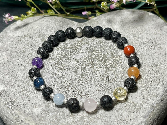 Armband Chakra Diffusor - Amethyst Dumortierit Aquamarin Rosenquarz Citrin Aventurin Jaspis Lava 6mm Edelstahl Silber - Spiritueller Schmuck