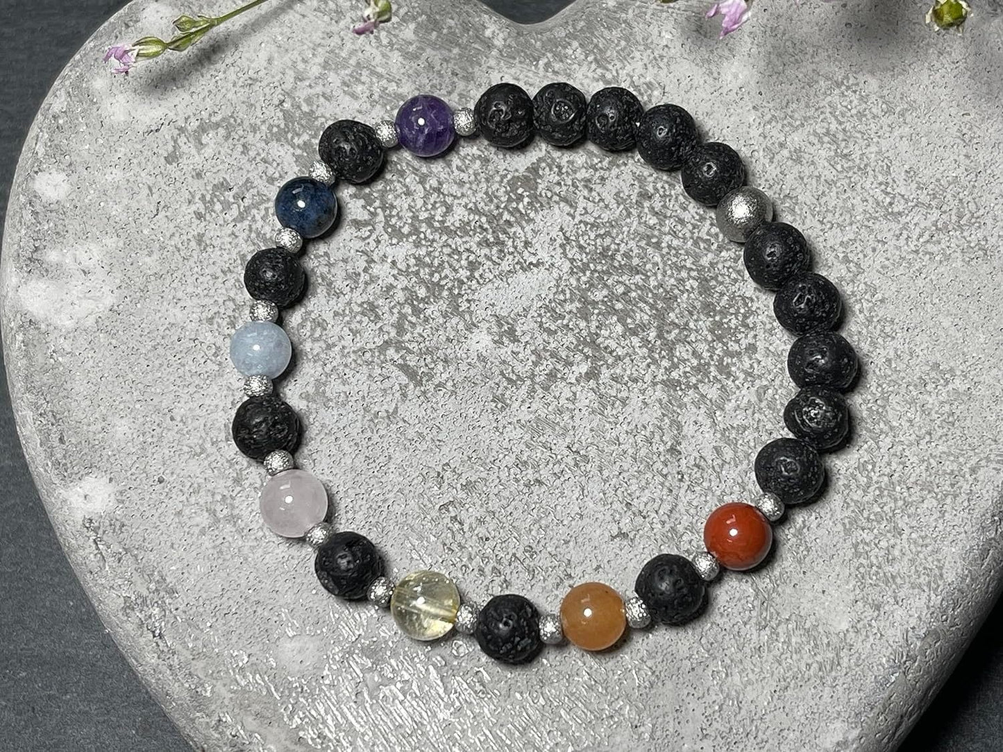 Armband Chakra Diffusor - Amethyst Dumortierit Aquamarin Rosenquarz Citrin Aventurin Jaspis Lava 6mm Edelstahl Silber - Spiritueller Schmuck