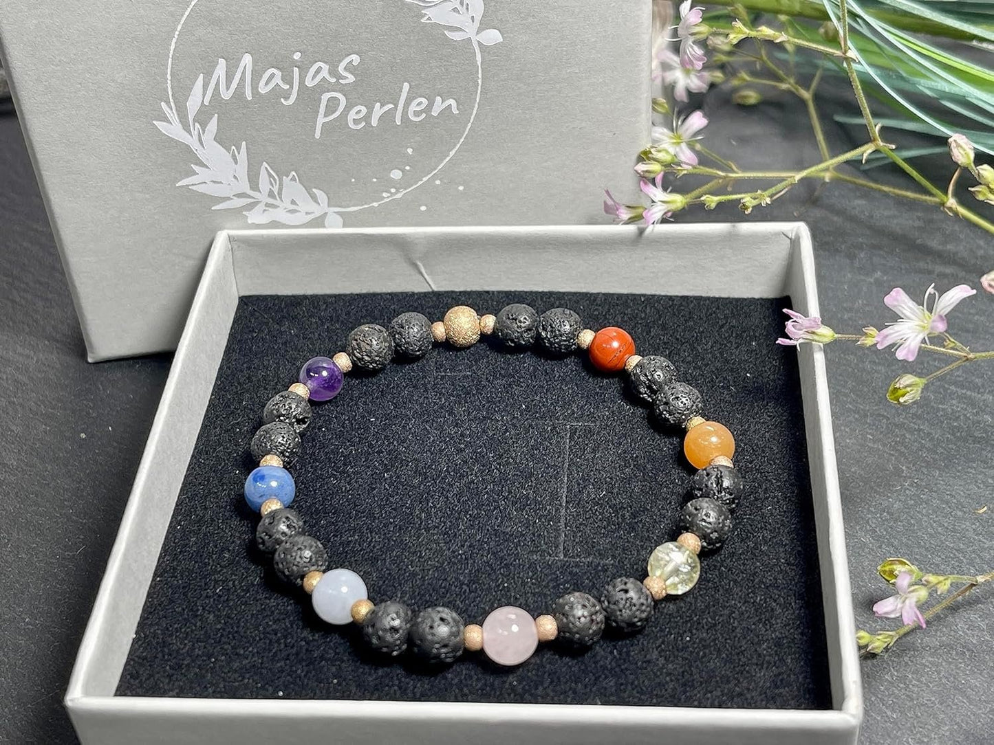 Armband Chakra Diffusor - Amethyst Dumortierit Aquamarin Rosenquarz Citrin Aventurin Jaspis Lava 6mm Edelstahl Roségold Spiritueller Schmuck