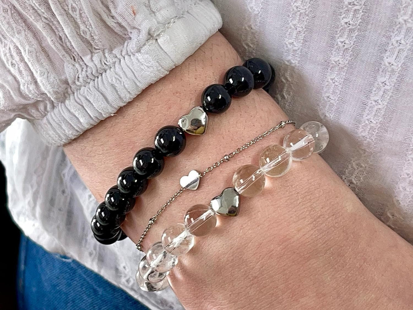 Turmalin Armband echt mit Perlen 8mm und Herzperle Edelstahl Silber Gold Roségold - Perlenarmband Schutz Kraft Stärke - Spiritueller Schmuck