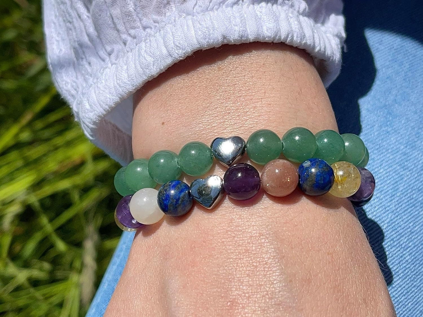 Chakra Armband echt Citrin Amethyst Prenith Sonnenstein Botswana Achat Amazonit Lapislazuli Perlen 8mm und Herzperle Edelstahl Silber Gold