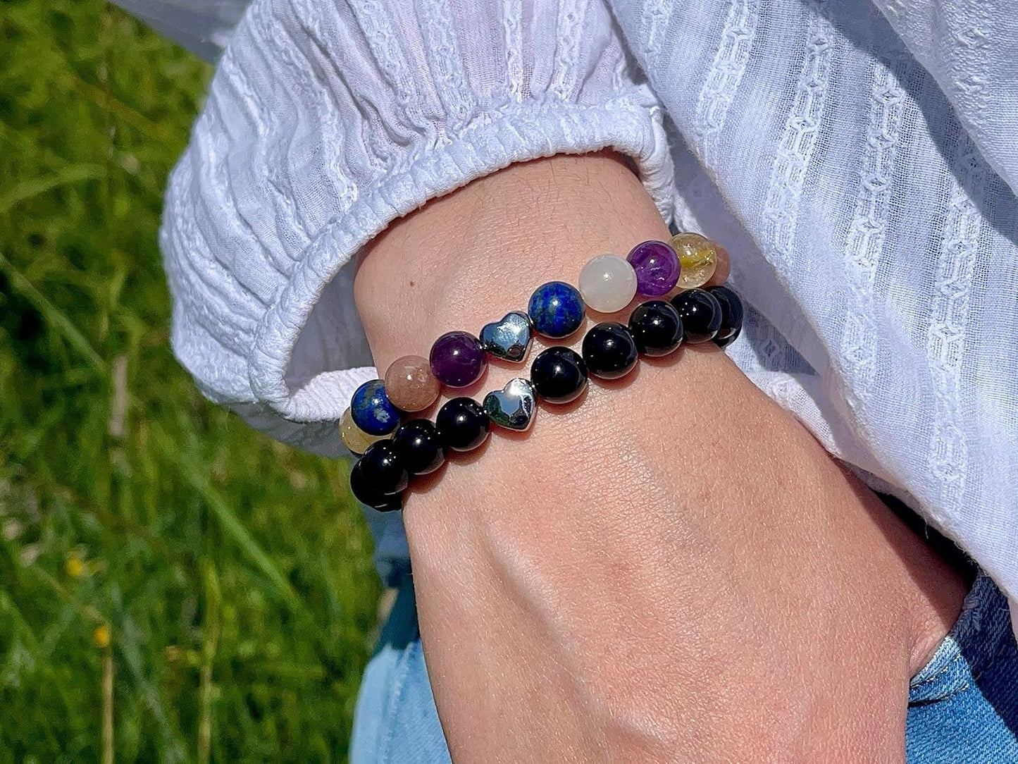 Chakra Armband echt Citrin Amethyst Prenith Sonnenstein Botswana Achat Amazonit Lapislazuli Perlen 8mm und Herzperle Edelstahl Silber Gold