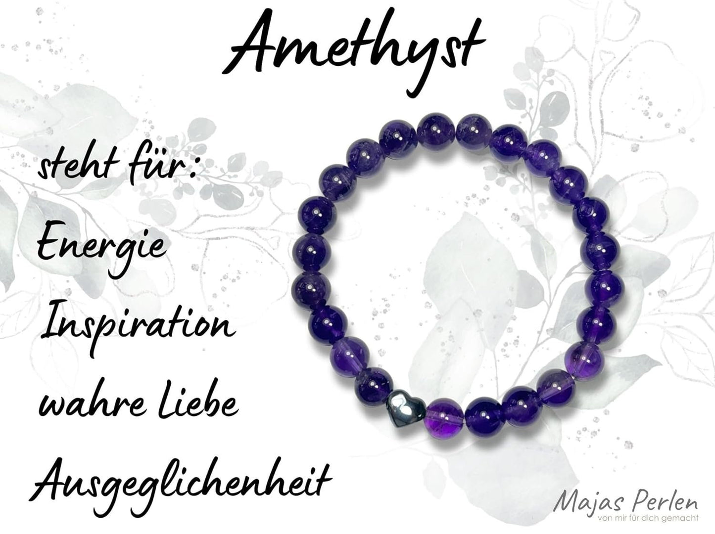 Amethyst Armband echt mit Perlen 8mm und Herzperle Edelstahl Silber Gold Roségold - Perlenarmband Inspiration Wahre Liebe - spirituell