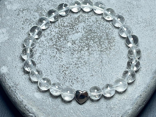 Bergkristall Armband echt mit Perlen 8mm und Herzperle Edelstahl Silber Gold Roségold - Perlenarmband Bewusstsein Klarheit