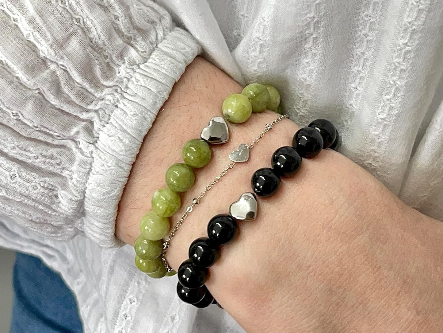 Peridot Armband echt mit Perlen 8mm Herzperle Edelstahl Silber Gold Roségold - Perlenarmband Freude Toleranz Gelassenheit - spirituell