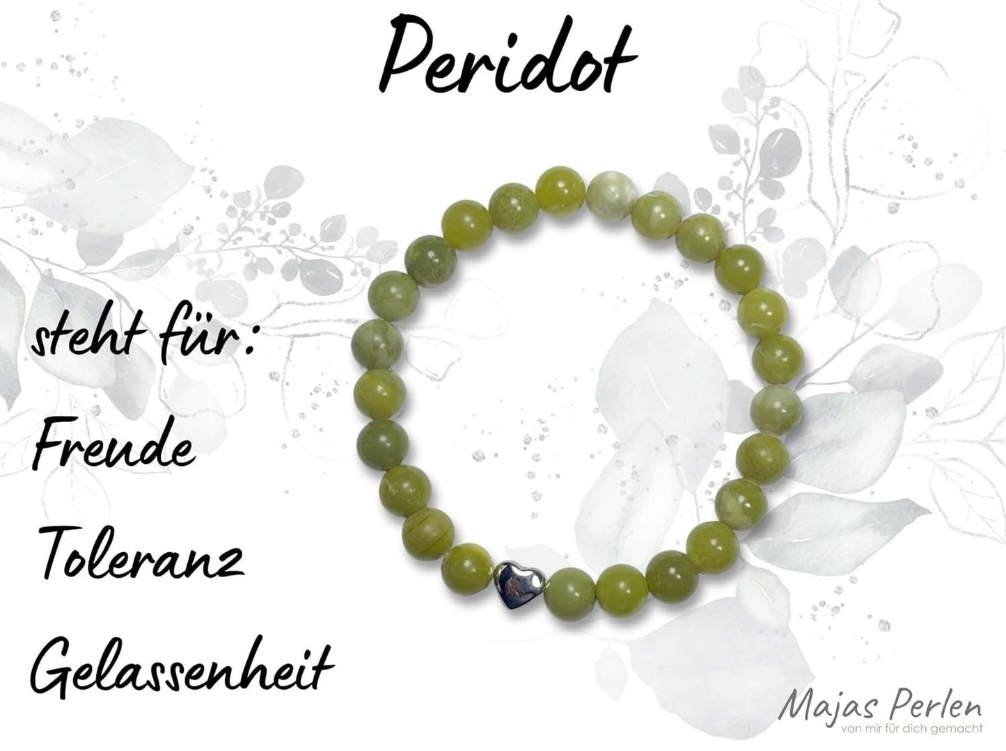 Peridot Armband echt mit Perlen 8mm Herzperle Edelstahl Silber Gold Roségold - Perlenarmband Freude Toleranz Gelassenheit - spirituell