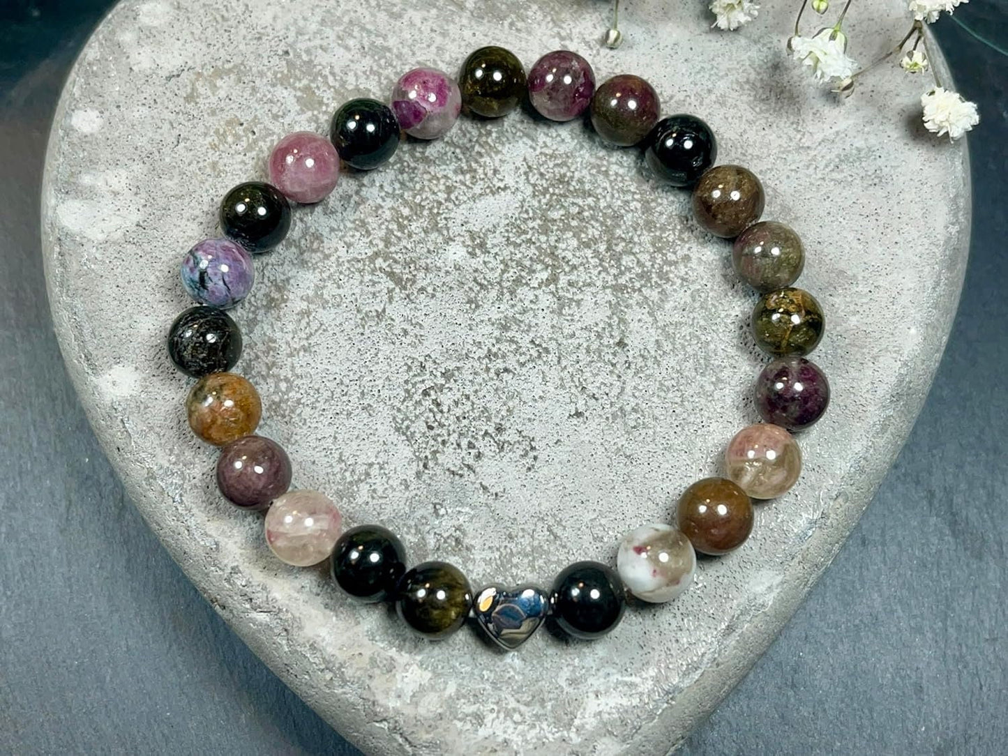 Wassermelonen Turmalin Armband echt mit Perlen 8mm und Herzperle Edelstahl Silber Gold Roségold - Perlenarmband Liebe Freude - spirituell