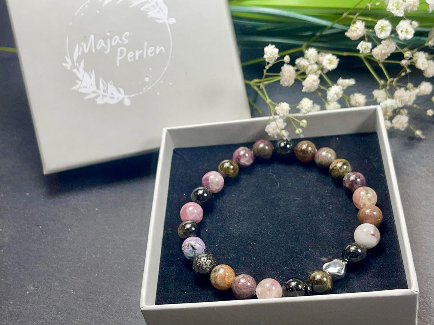 Wassermelonen Turmalin Armband echt mit Perlen 8mm und Herzperle Edelstahl Silber Gold Roségold - Perlenarmband Liebe Freude - spirituell
