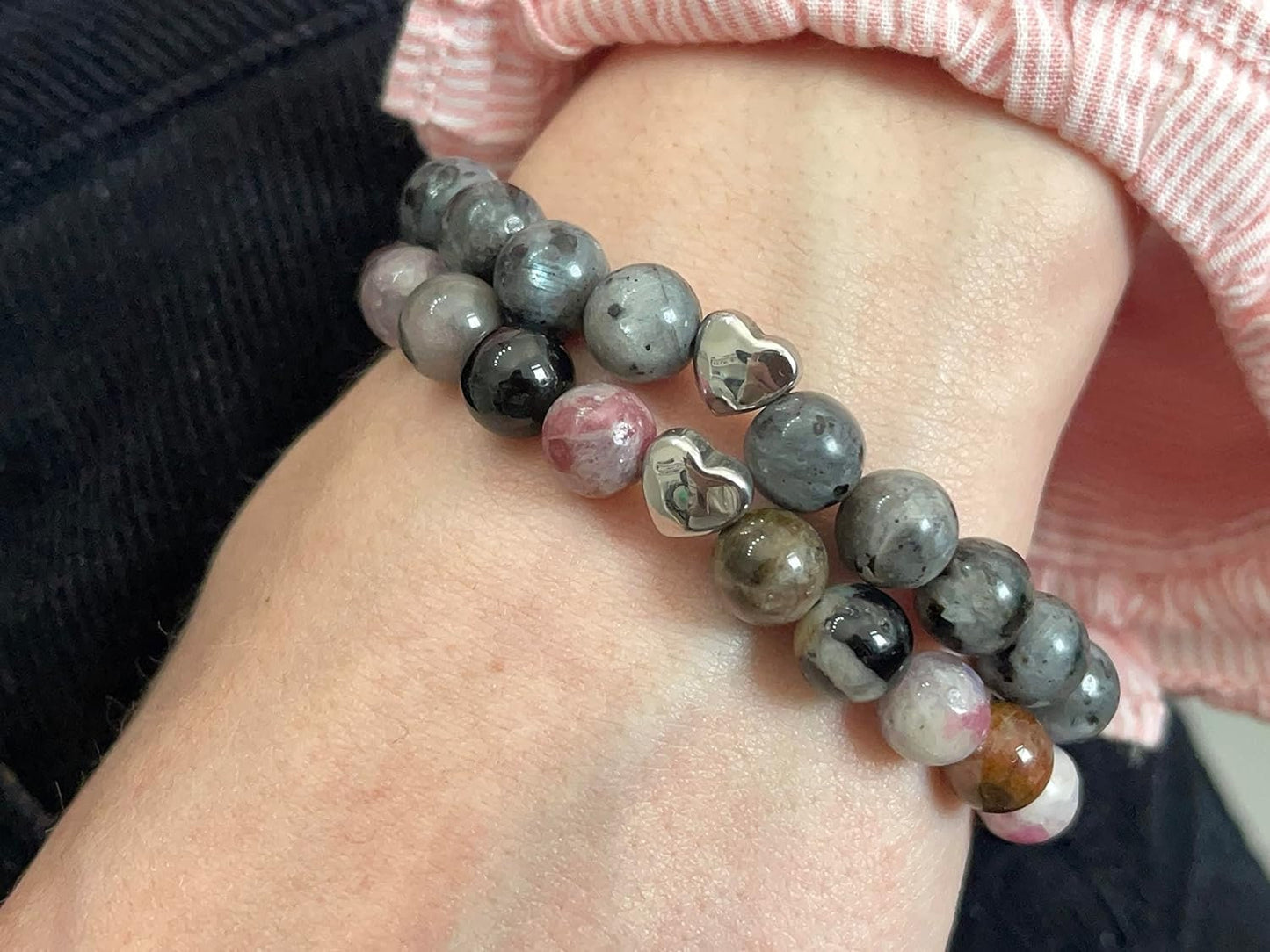 Wassermelonen Turmalin Armband echt mit Perlen 8mm und Herzperle Edelstahl Silber Gold Roségold - Perlenarmband Liebe Freude - spirituell