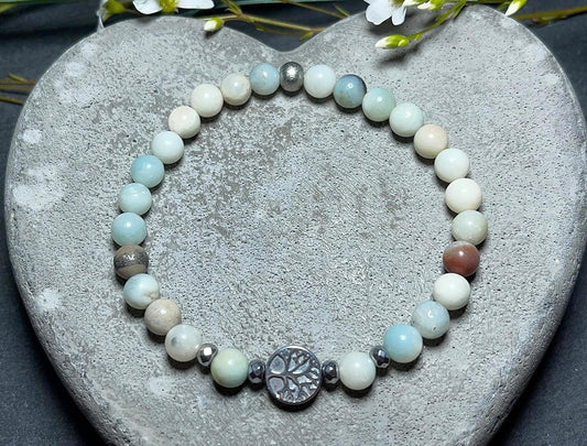 Perlenarmband Amazonit echt 6mm Lebensbaum Hämatit Silber - Handmade Perlenarmband für Geduld Toleranz Beruhigung - unisex