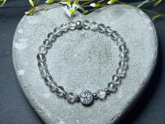 Bergkristall Armband Perlen echt 6mm Lebensbaum Hämatit Silber - Handmade Perlenarmband Reinheit Bewusstsein Klarheit - Spiritueller Schmuck