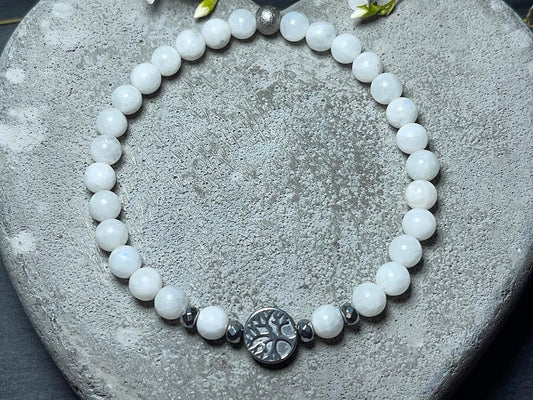 Mondstein Armband echt Perlen Weiß 6mm Lebensbaum Hämatit Silber - Handmade Perlenarmband Sensibilität Fruchtbarkeit Weiblichkeit - unisex