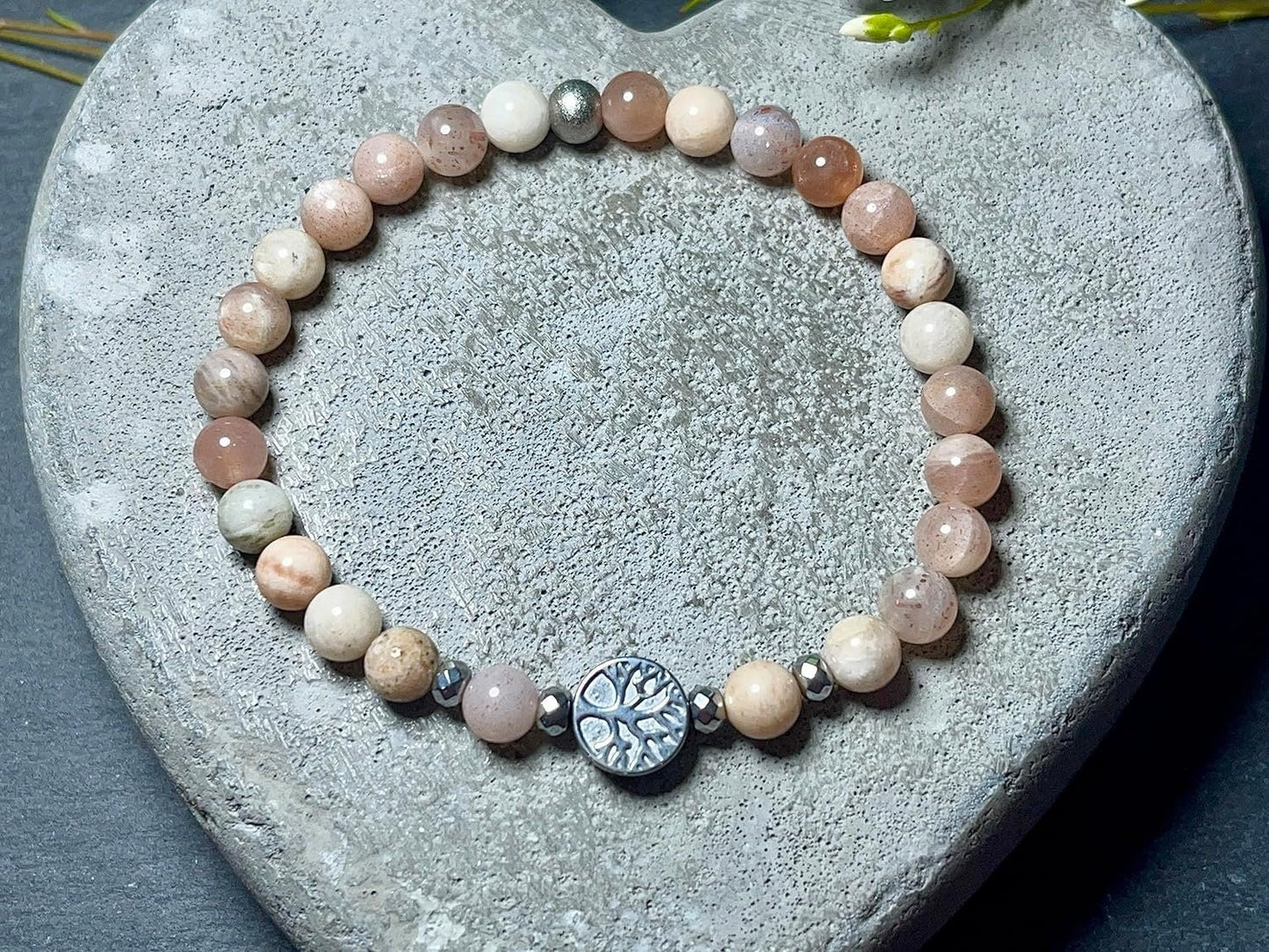 Mondstein Sonnenstein Mondstein Mix Armband Perlen echt 6mm Lebensbaum Hämatit Silber - Handmade Perlenarmband Weiblichkeit Herzenswärme