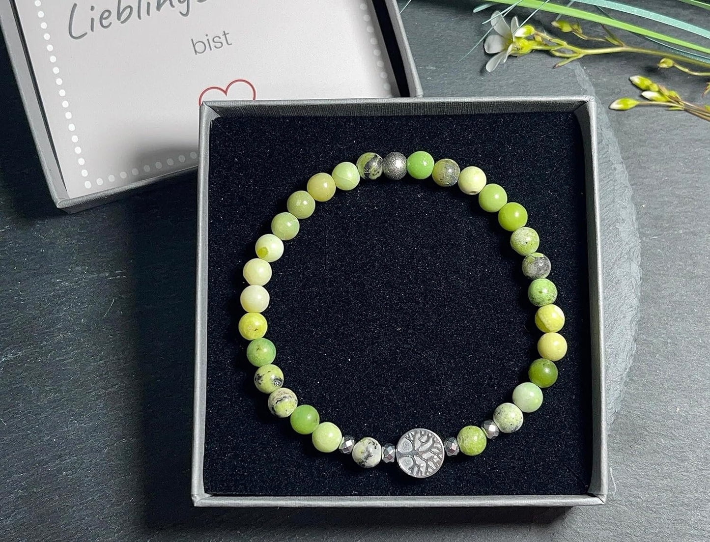 Serpentin Armband Perlen echt 6mm Lebensbaum Hämatit Silber - Handmade Perlenarmband Kreativität Vertrauen Freundschaft - unisex