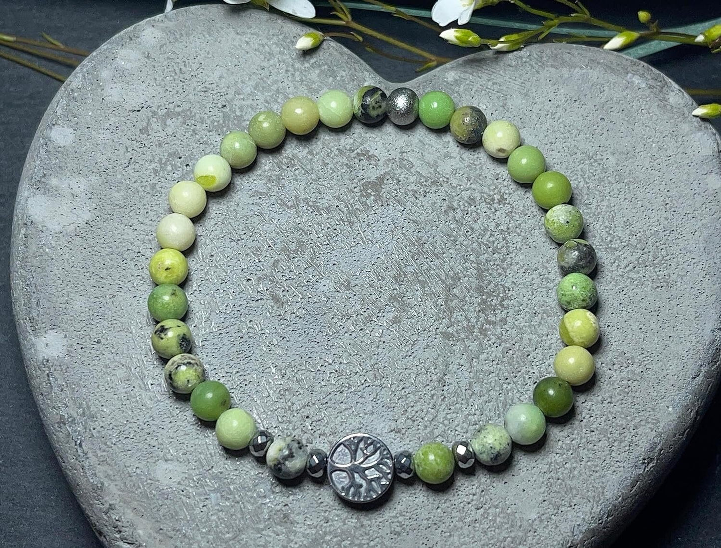 Serpentin Armband Perlen echt 6mm Lebensbaum Hämatit Silber - Handmade Perlenarmband Kreativität Vertrauen Freundschaft - unisex