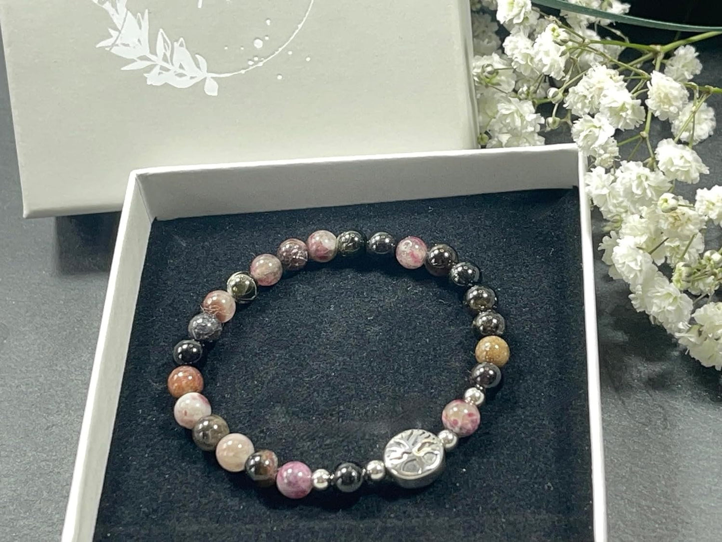 Wassermelonen Turmalin Armband mit Perlen echt 6mm Lebensbaum Edelstahl Silber oder Gold - Handmade Perlenarmband Liebe Freude Verständnis
