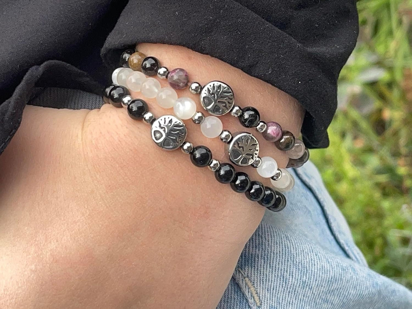 Wassermelonen Turmalin Armband mit Perlen echt 6mm Lebensbaum Edelstahl Silber oder Gold - Handmade Perlenarmband Liebe Freude Verständnis