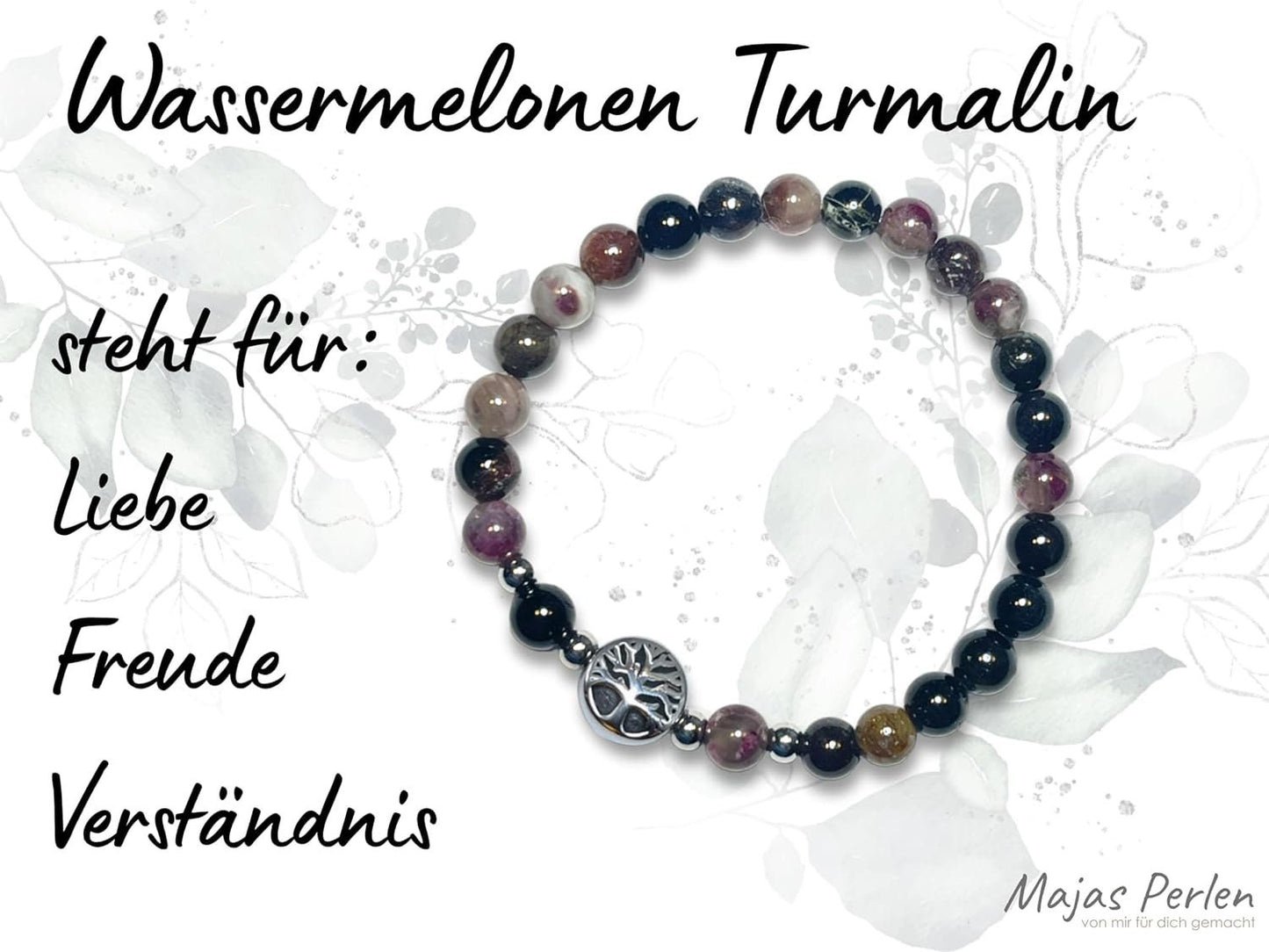 Wassermelonen Turmalin Armband mit Perlen echt 6mm Lebensbaum Edelstahl Silber oder Gold - Handmade Perlenarmband Liebe Freude Verständnis