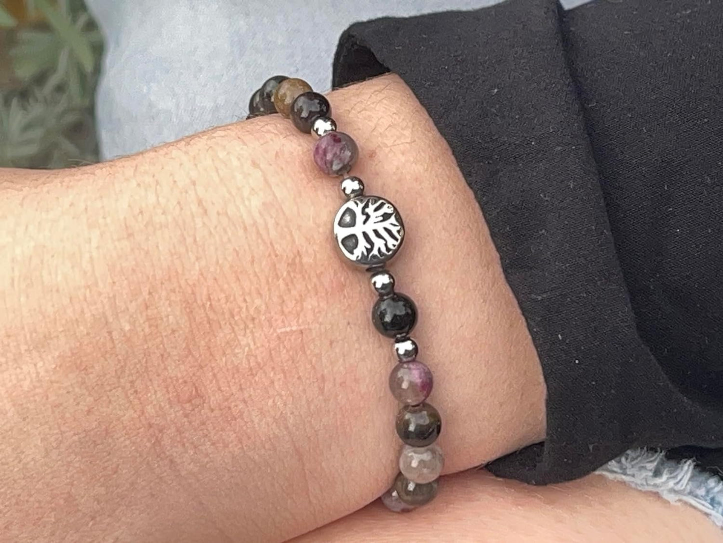 Wassermelonen Turmalin Armband mit Perlen echt 6mm Lebensbaum Edelstahl Silber oder Gold - Handmade Perlenarmband Liebe Freude Verständnis