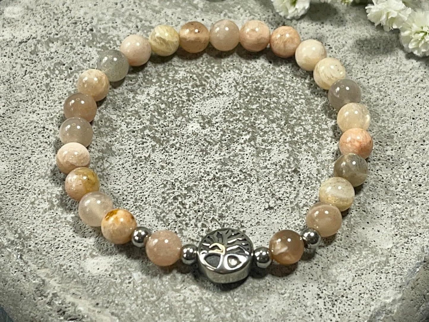 Armband Sonnenstein & Mondstein Mix Perlen 6mm Lebensbaum Edelstahl Silber oder Gold Handmade Perlenarmband Kraft Weiblichkeit Herzenswärme
