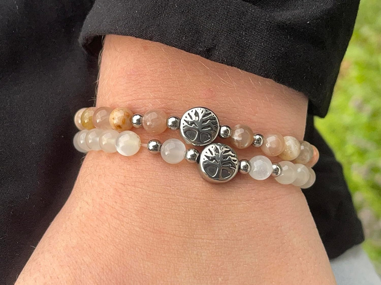 Armband Sonnenstein & Mondstein Mix Perlen 6mm Lebensbaum Edelstahl Silber oder Gold Handmade Perlenarmband Kraft Weiblichkeit Herzenswärme