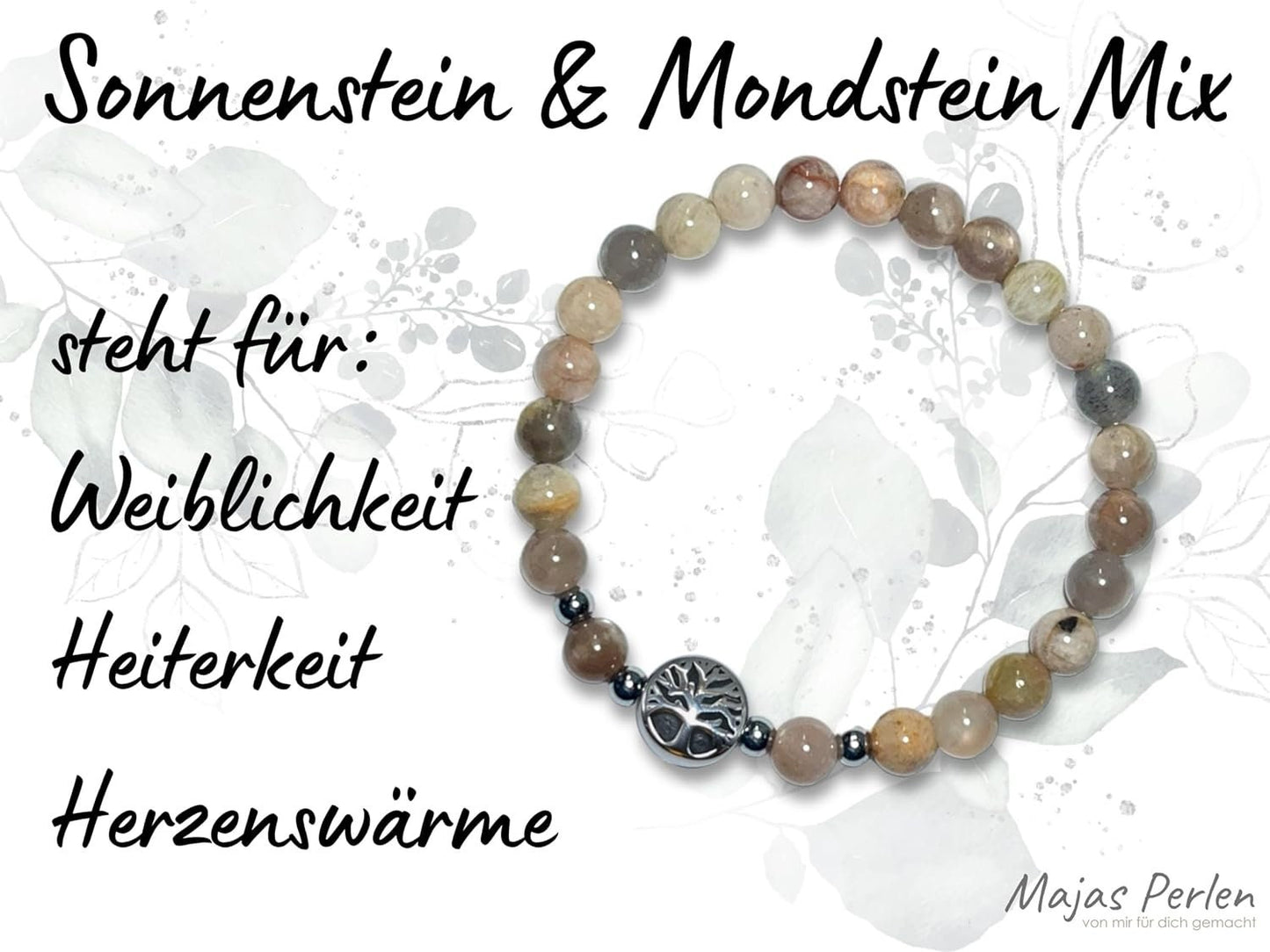 Armband Sonnenstein & Mondstein Mix Perlen 6mm Lebensbaum Edelstahl Silber oder Gold Handmade Perlenarmband Kraft Weiblichkeit Herzenswärme