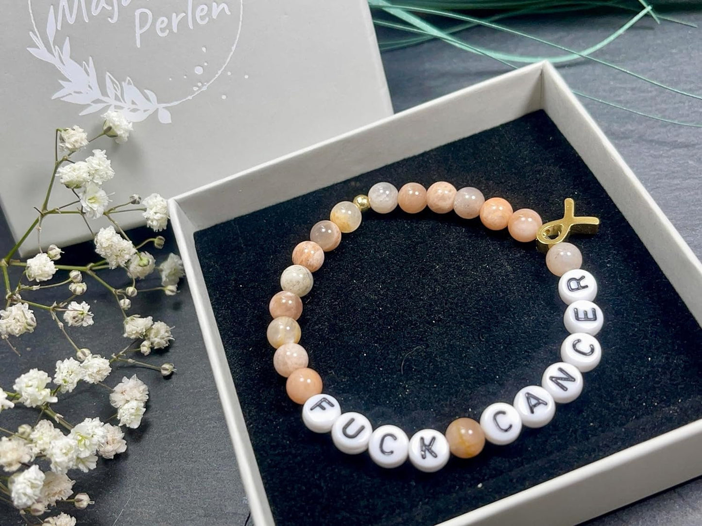 Perlenarmband Armband Fuck Cancer Sonnenstein & Mondstein Mix Krebsschleife Edelstahl Gold - verschiedene Natursteine - Glücksbringer Krebs