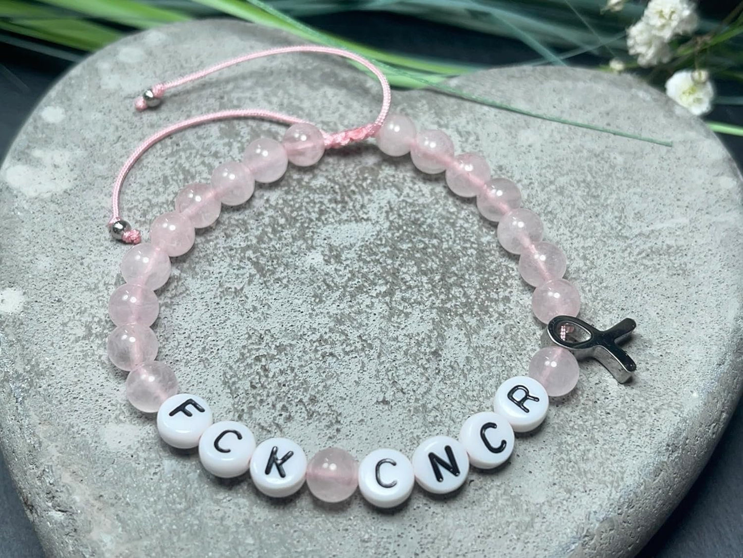 Armband Rosenquarz Fuck Cancer Makramee verstellbar Krebsschleife Brustkrebs - Geschenk Krebs Diagnose - verschiedene Natursteine
