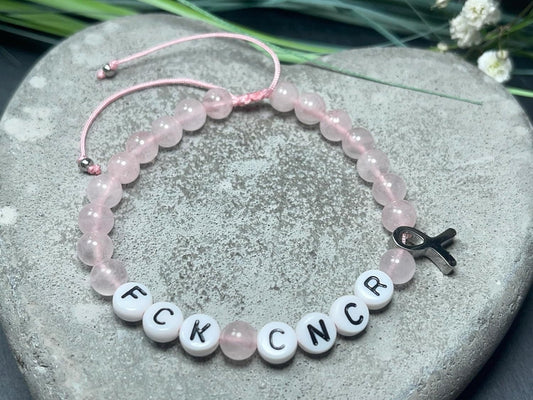 Armband Rosenquarz Fuck Cancer Makramee verstellbar Krebsschleife Brustkrebs - Geschenk Krebs Diagnose - verschiedene Natursteine