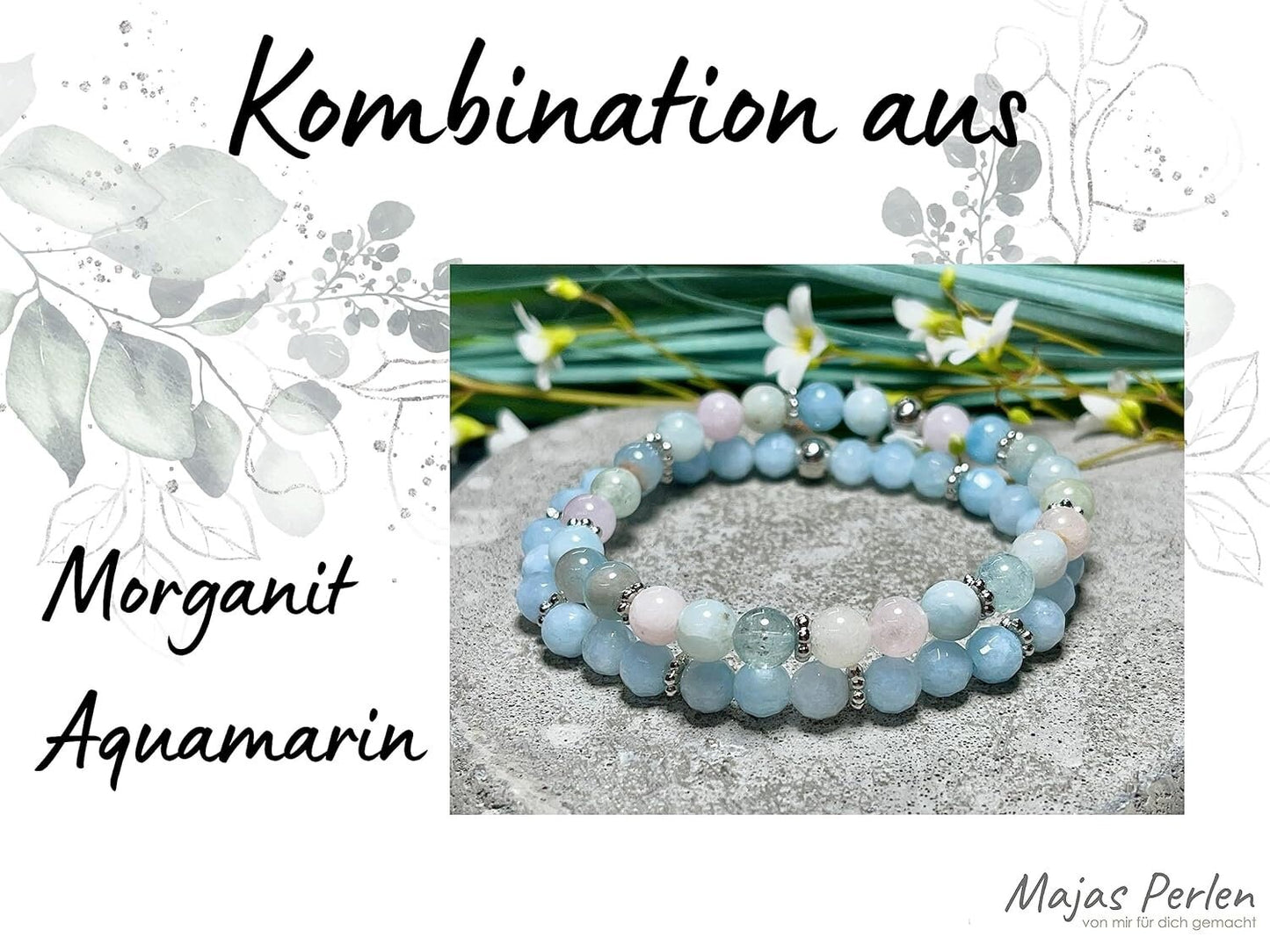 Aquamarin Armband Perlen echt 6mm und Daisyperlen Platiniert oder Vergoldet - Handmade Perlenarmband Selbstbewusstsein Liebe Glück Frieden