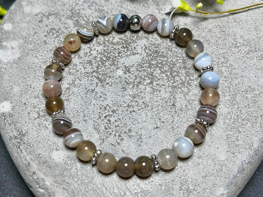 Botswana Achat Armband Perlen 6mm Daisyperlen echt Platiniert oder Vergoldet - Handmade Perlenarmband Optimismus Zuversicht Willenskraft