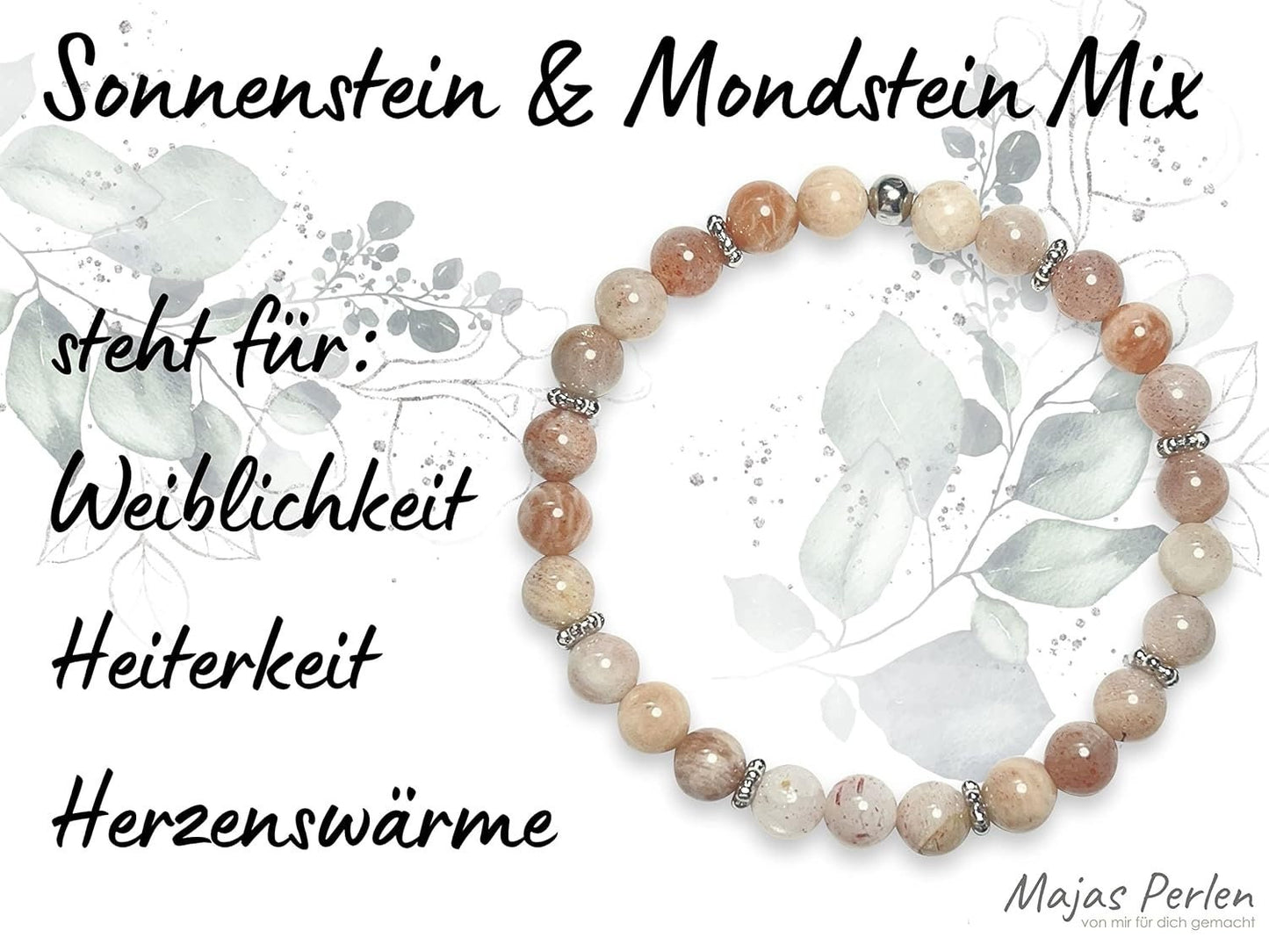 Mondstein Sonnenstein Mix Armband mit Perlen 6mm Daisyperlen echt Platiniert oder Vergoldet - Handmade Perlenarmband Herzenswärme Heiterkeit