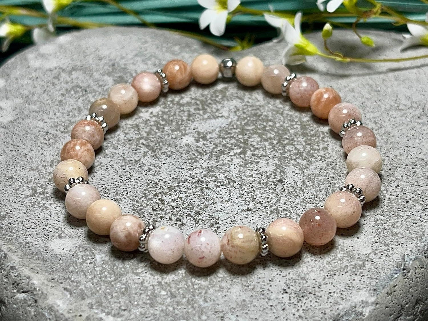 Mondstein Sonnenstein Mix Armband mit Perlen 6mm Daisyperlen echt Platiniert oder Vergoldet - Handmade Perlenarmband Herzenswärme Heiterkeit