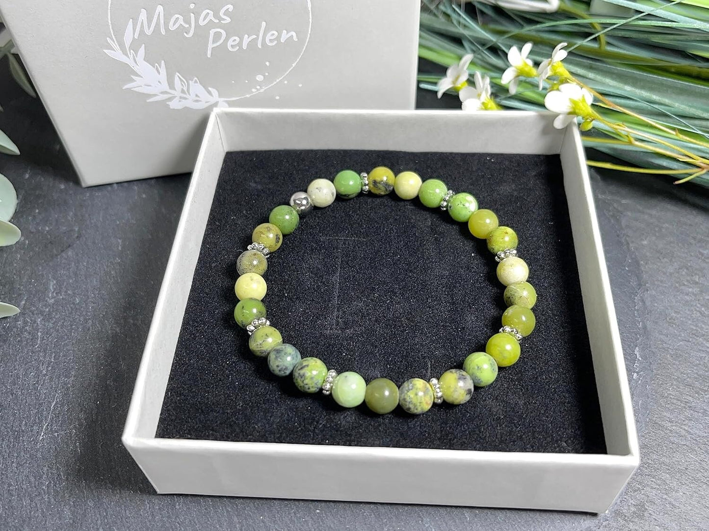 Serpentin Armband mit Perlen echt 6mm Daisyperlen echt Platiniert oder Vergoldet - Handmade Perlenarmband für Beruhigung Ausgleich Schutz