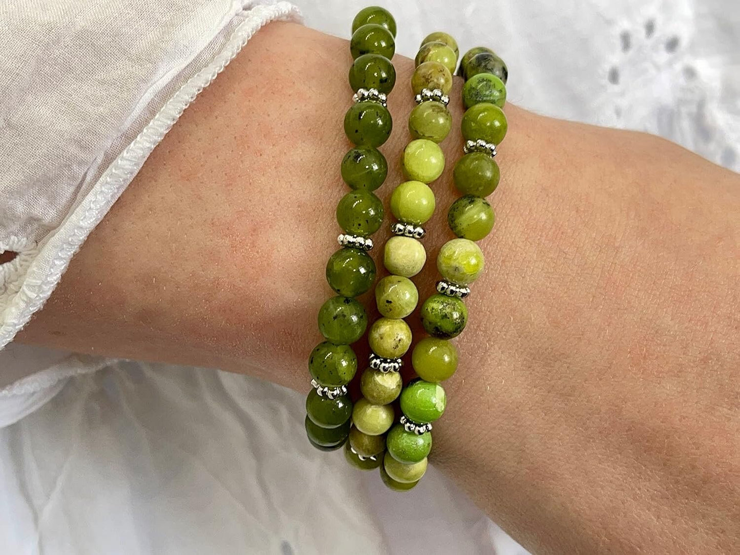 Serpentin Armband mit Perlen echt 6mm Daisyperlen echt Platiniert oder Vergoldet - Handmade Perlenarmband für Beruhigung Ausgleich Schutz