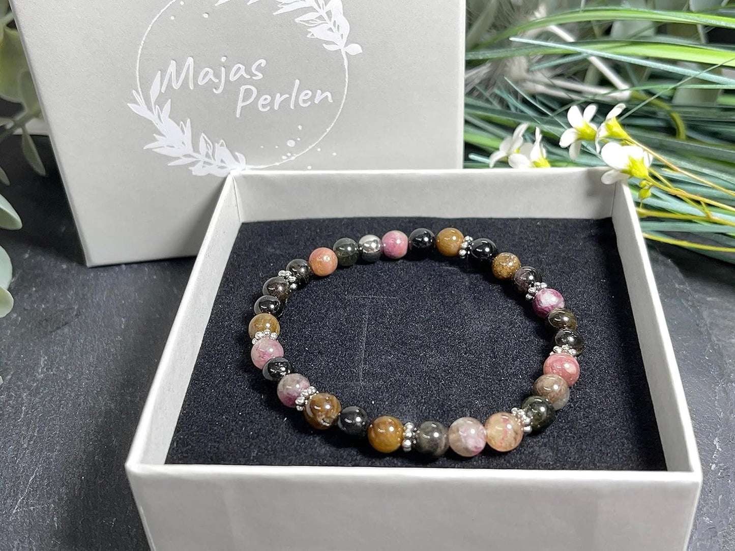 Wassermelonen Turmalin Armband Perlen echt 6mm Daisyperlen echt Platiniert oder Vergoldet - Handmade Perlenarmband Liebe Freude Verständnis