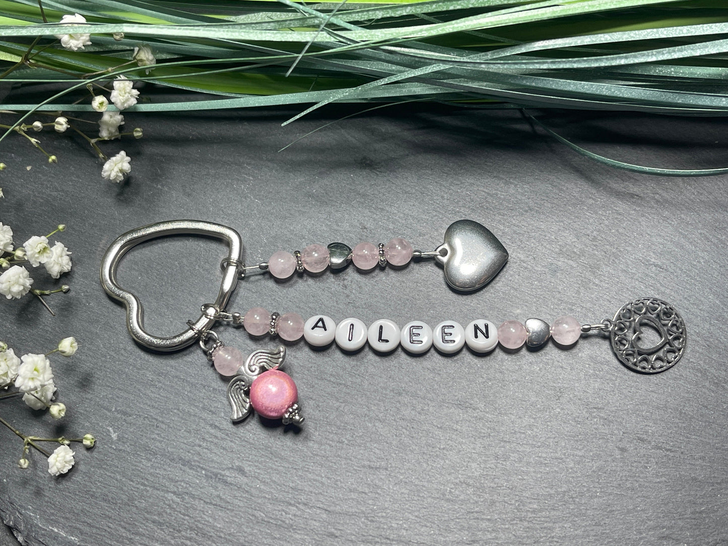 Schlüsselanhänger Rosenquarz mit bis 5 Namen Rosenquarz echt - Geschenk Mama Lieblingsmensch Liebe Geburt Freundin - verschiedene Edelsteine