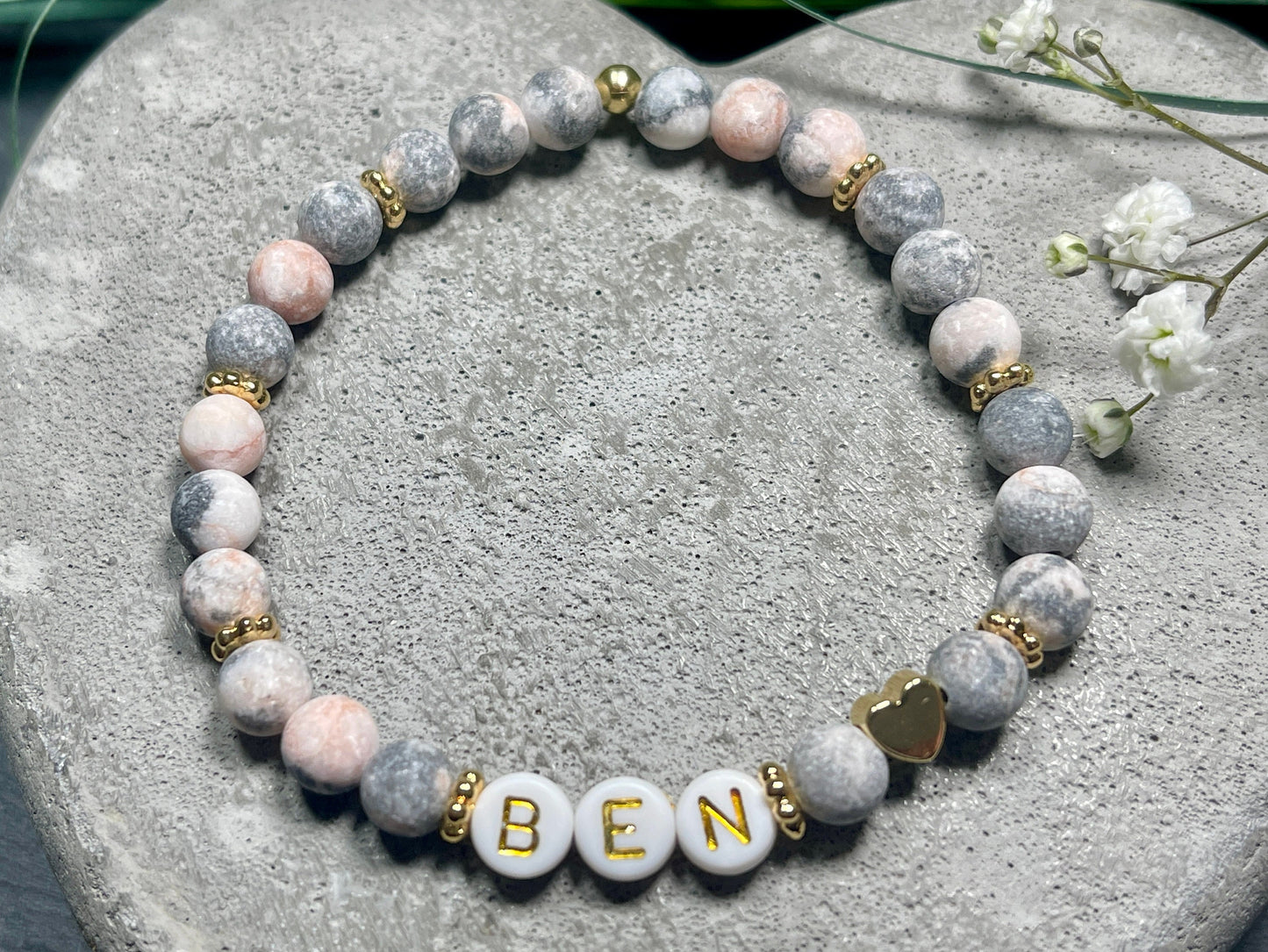 Armband Name Zebra Jaspis gold -  Herz echt Vergoldet - Geschenk Schwangerschaft Baby Geburt Mädchenarmband Lieblingsmensch Mama
