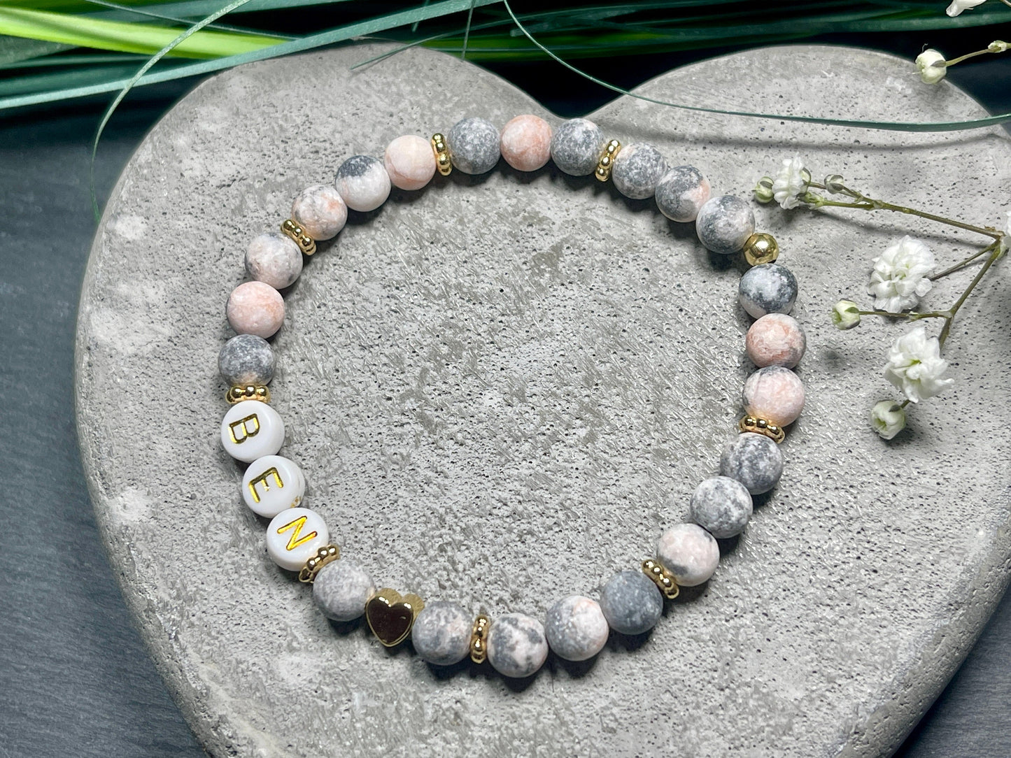 Armband Name Zebra Jaspis gold -  Herz echt Vergoldet - Geschenk Schwangerschaft Baby Geburt Mädchenarmband Lieblingsmensch Mama