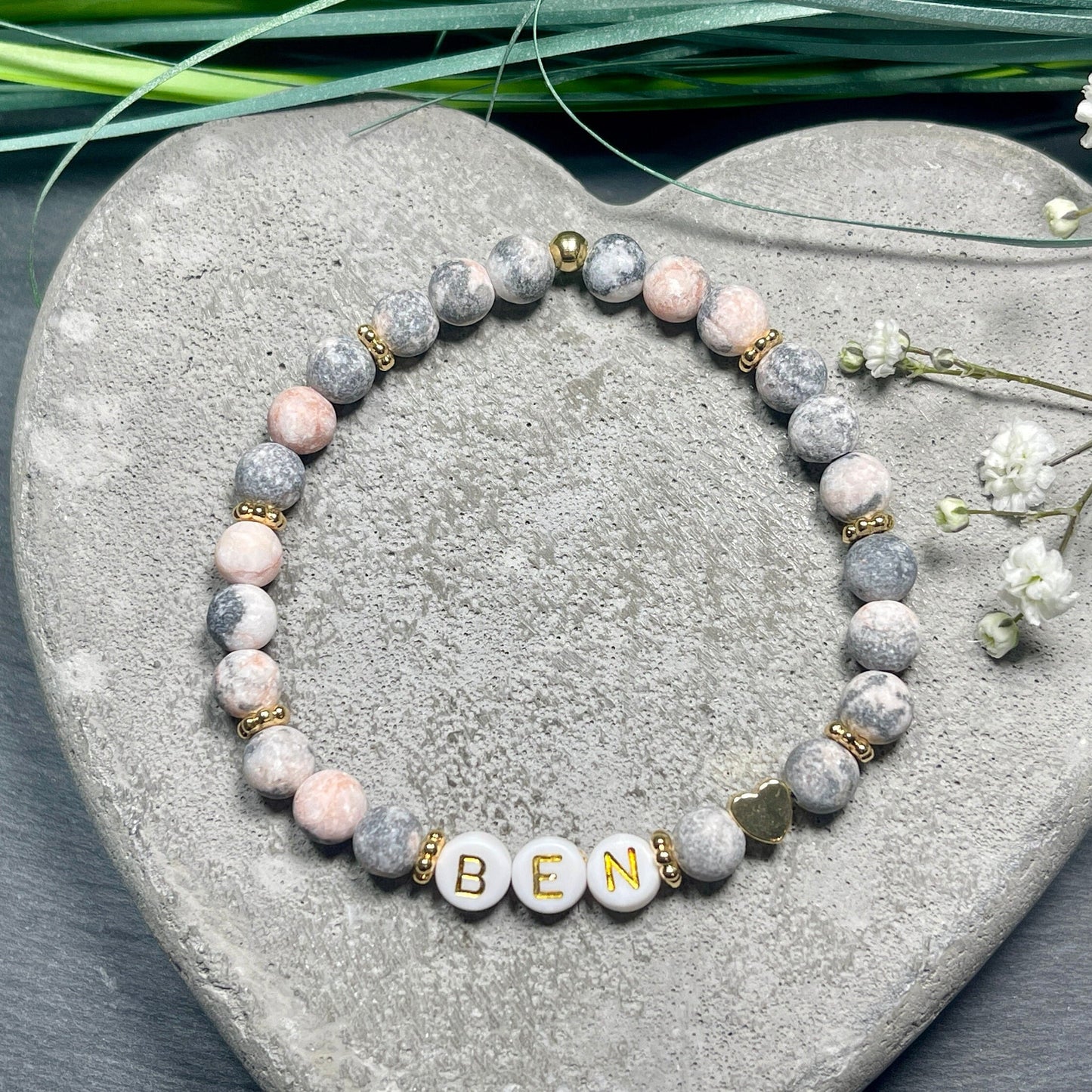 Armband Name Zebra Jaspis gold -  Herz echt Vergoldet - Geschenk Schwangerschaft Baby Geburt Mädchenarmband Lieblingsmensch Mama