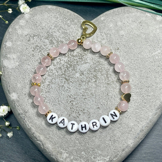 Armband Name Rosenquarz gold -  Herz echt Vergoldet - Geschenk Schwangerschaft Baby Geburt Mädchenarmband Lieblingsmensch Mama
