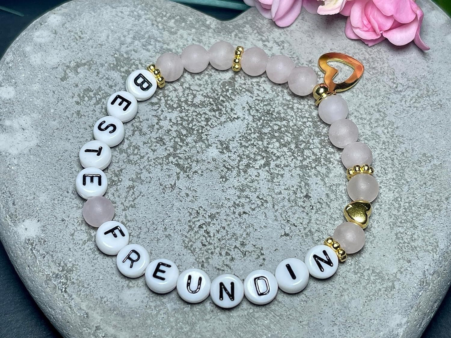 Armband Beste Freundin Rosenquarz - Herz DQ Gold - Perlenarmband Freundschaft Liebe Lieblingsmensch Mama Mädchenarmband - Wunsch Edelstein
