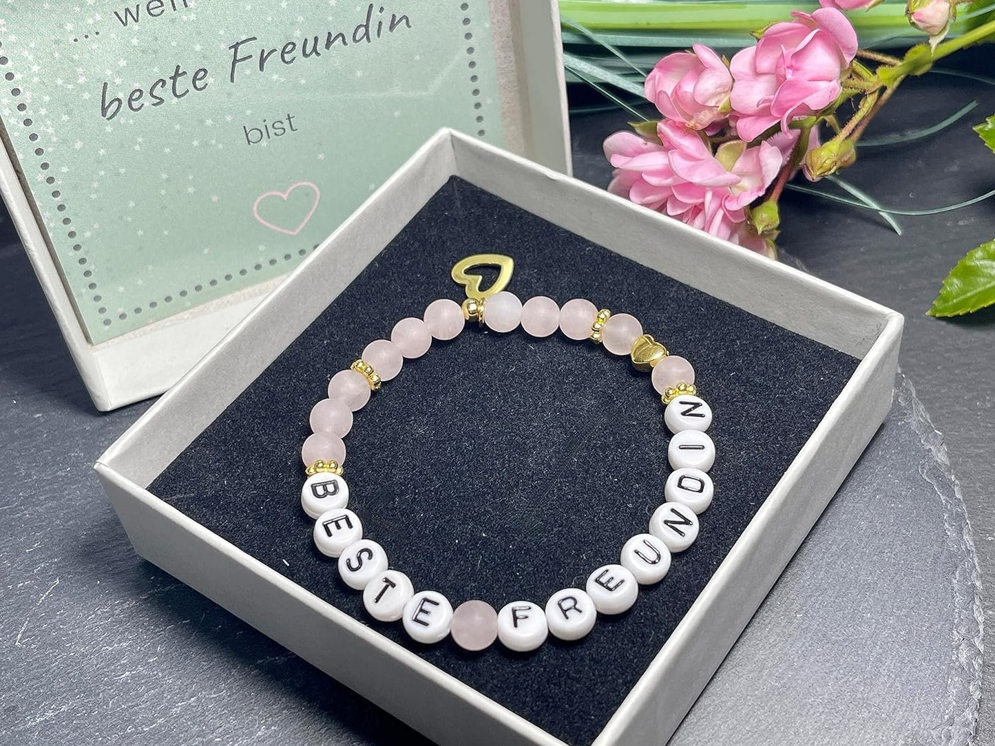 Armband Beste Freundin Rosenquarz - Herz DQ Gold - Perlenarmband Freundschaft Liebe Lieblingsmensch Mama Mädchenarmband - Wunsch Edelstein
