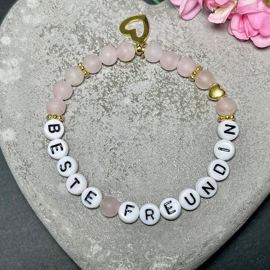Armband Beste Freundin Rosenquarz - Herz DQ Gold - Perlenarmband Freundschaft Liebe Lieblingsmensch Mama Mädchenarmband - Wunsch Edelstein
