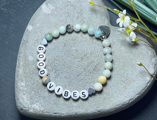 Armband Amazonit Good Vibes -  Herzen Hämatit - Geschenk Motivation Feel Good Glücksbringer Statement - personalisierbar viele Edelsteine