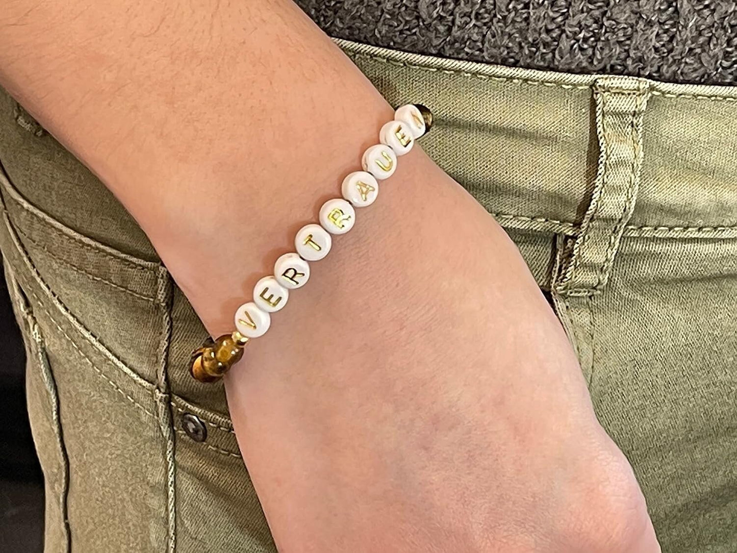 Armband Tigerauge gold Vertrauen -  Herz echt Vergoldet - Glücksarmband Perlenarmband mit Motto - Geschenk Lieblingsmensch Mama Freundschaft
