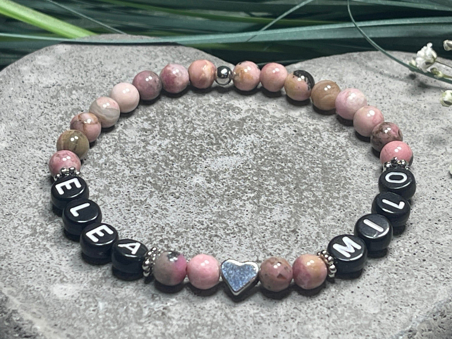 Perlenarmband Rhodonit - Kindernamen - Herz echt Platiniert - Namensarmband Liebe Geschenk Baby Geburt - Turmalin Apatit Rosa Opal uvm.