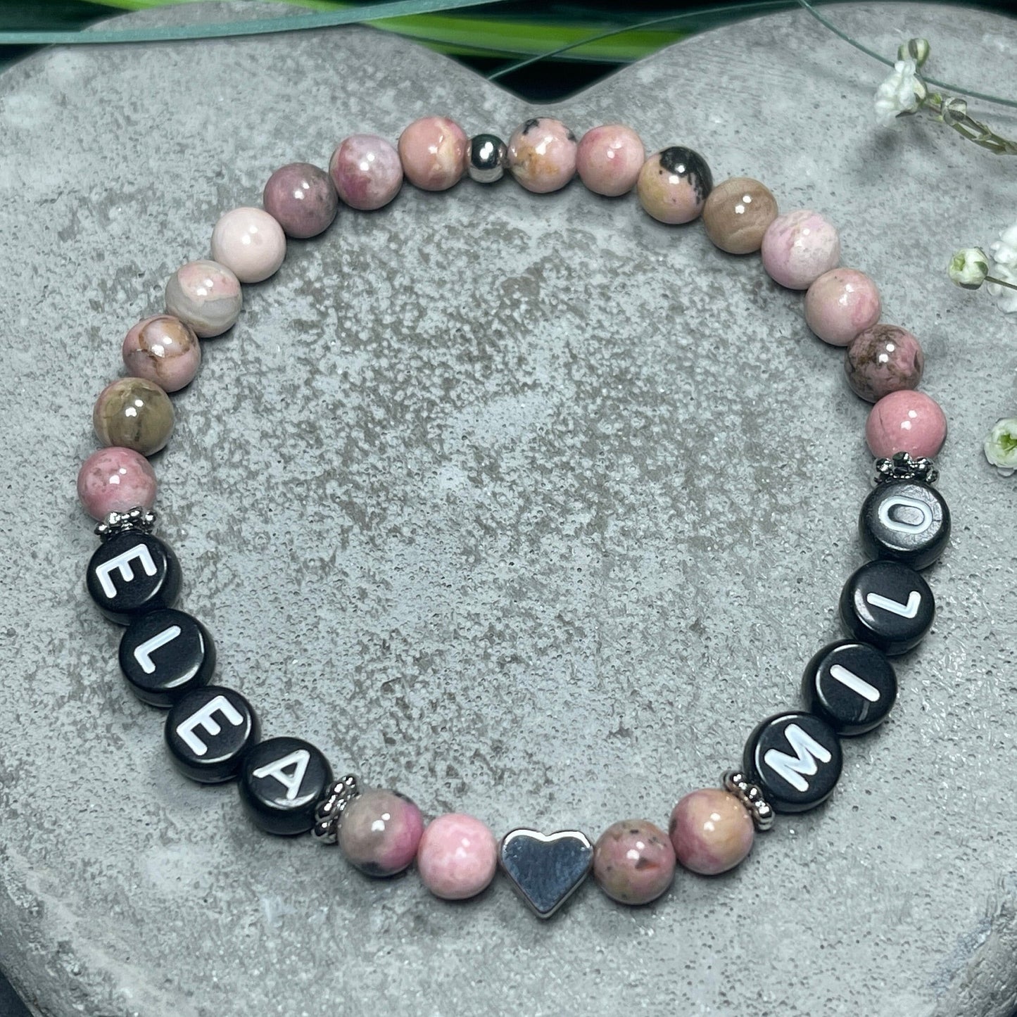 Perlenarmband Rhodonit - Kindernamen - Herz echt Platiniert - Namensarmband Liebe Geschenk Baby Geburt - Turmalin Apatit Rosa Opal uvm.